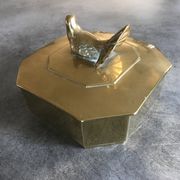 Boîte coffret vintage en laiton massif forme octogone décoration d’oiseau 14,8cm