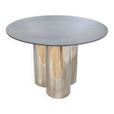 Table à manger postmoderne en acier avec plateau rond en marbre vert, Italie