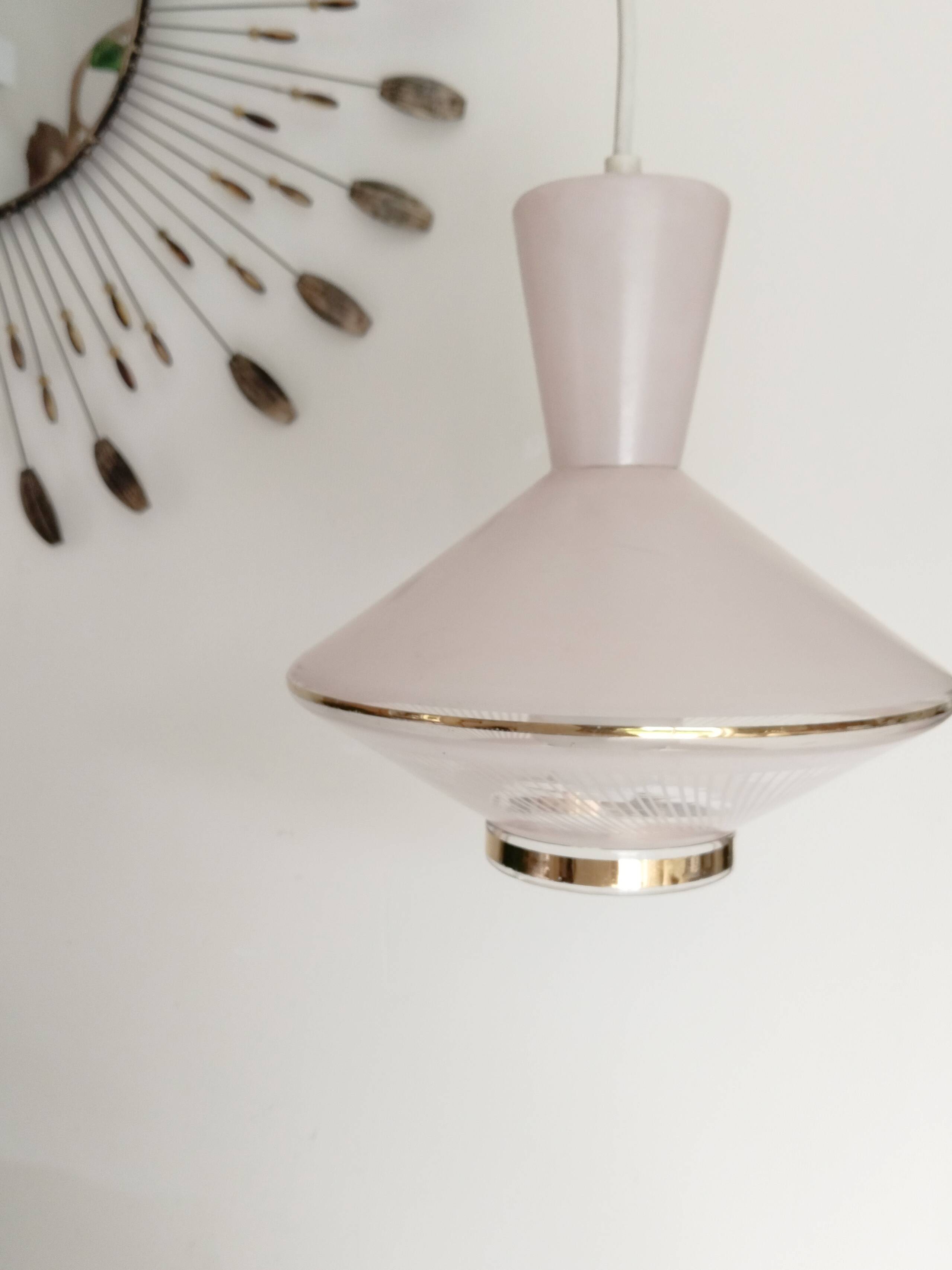 UFO suspension, vintage glass ceiling light, pink and gold