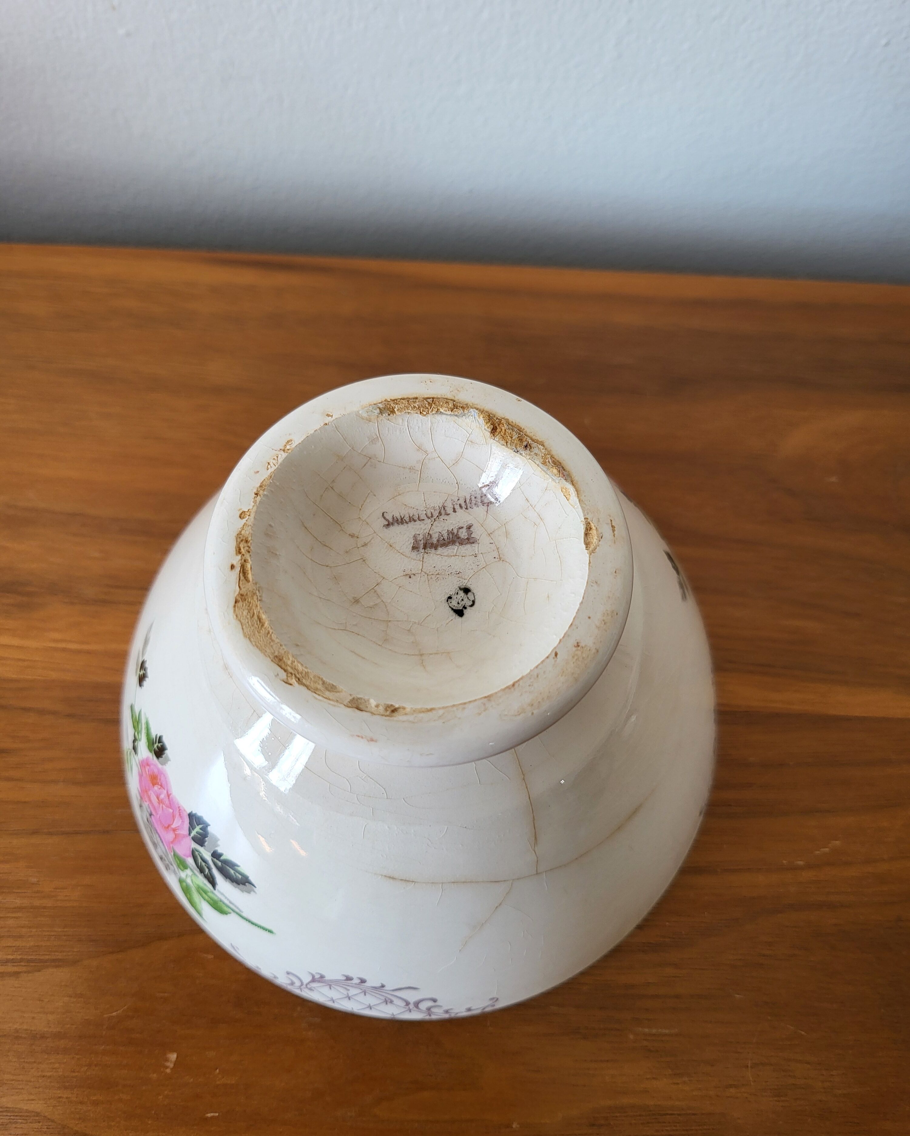Old Faience Bowl SARREGUEMINES Rose Decoration