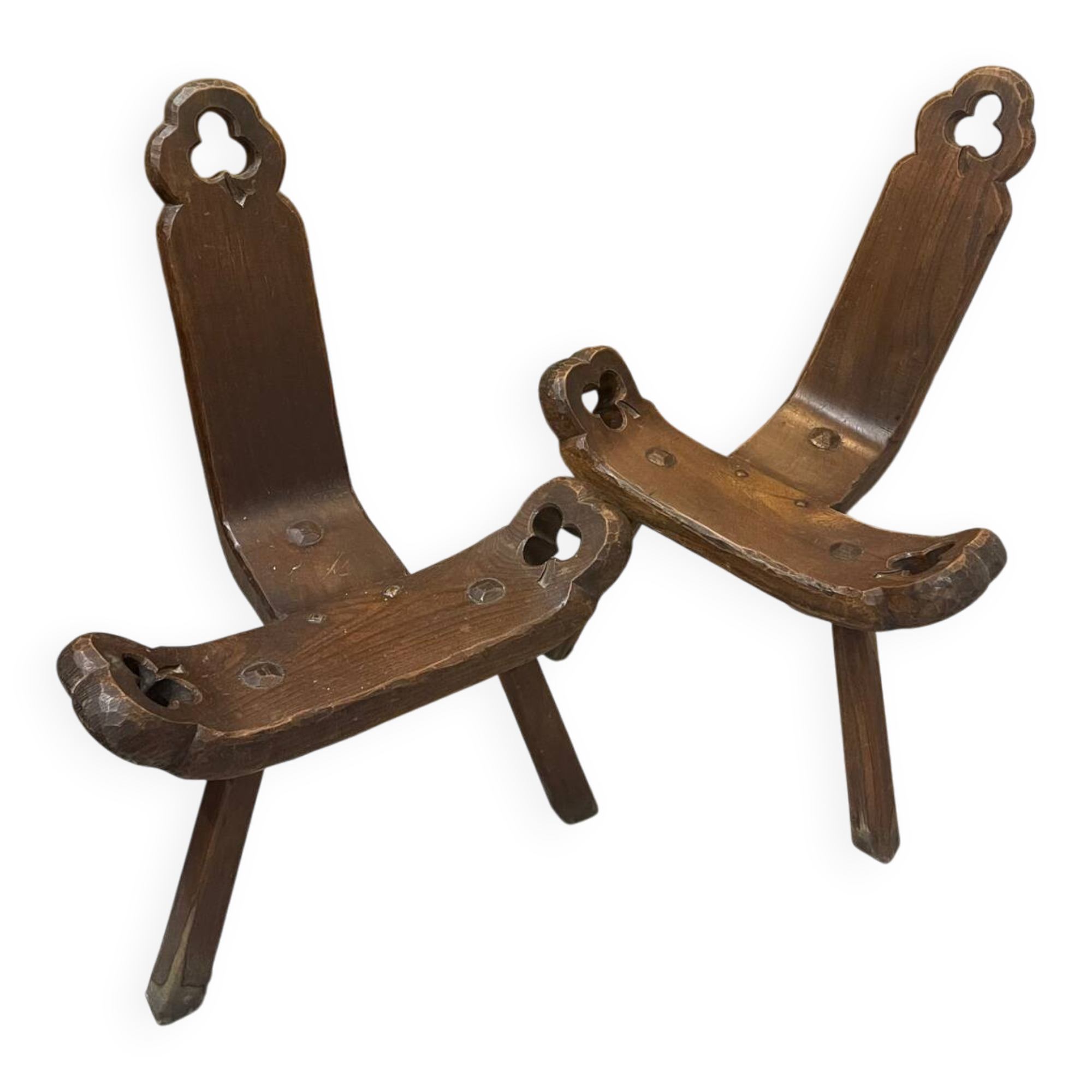 Set of 2 brutalist wooden tripod chairs – Spain 1970s