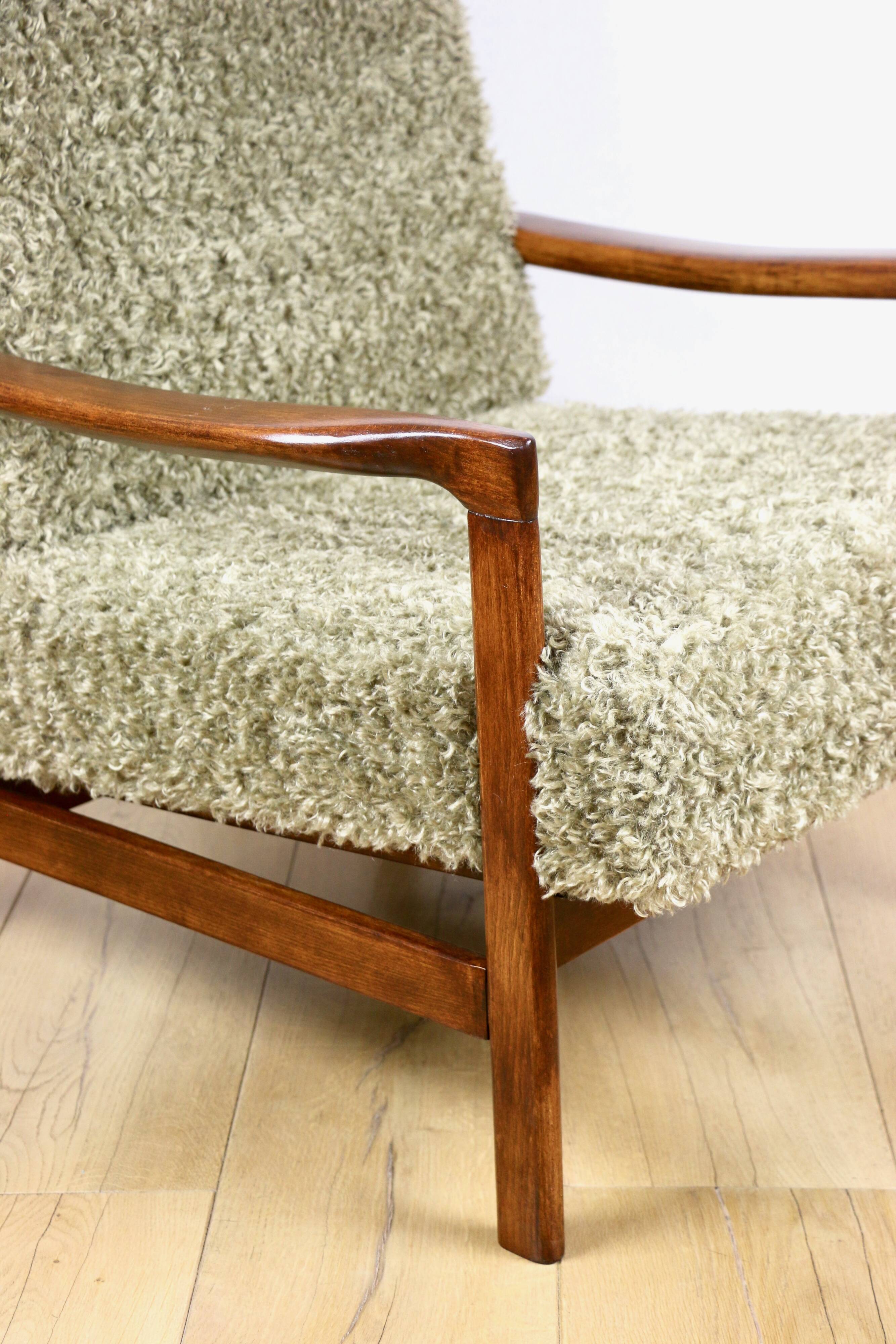 Wooden vintage brown armchair, olive green long hair, design by Z. Bączyk - 2 pieces available