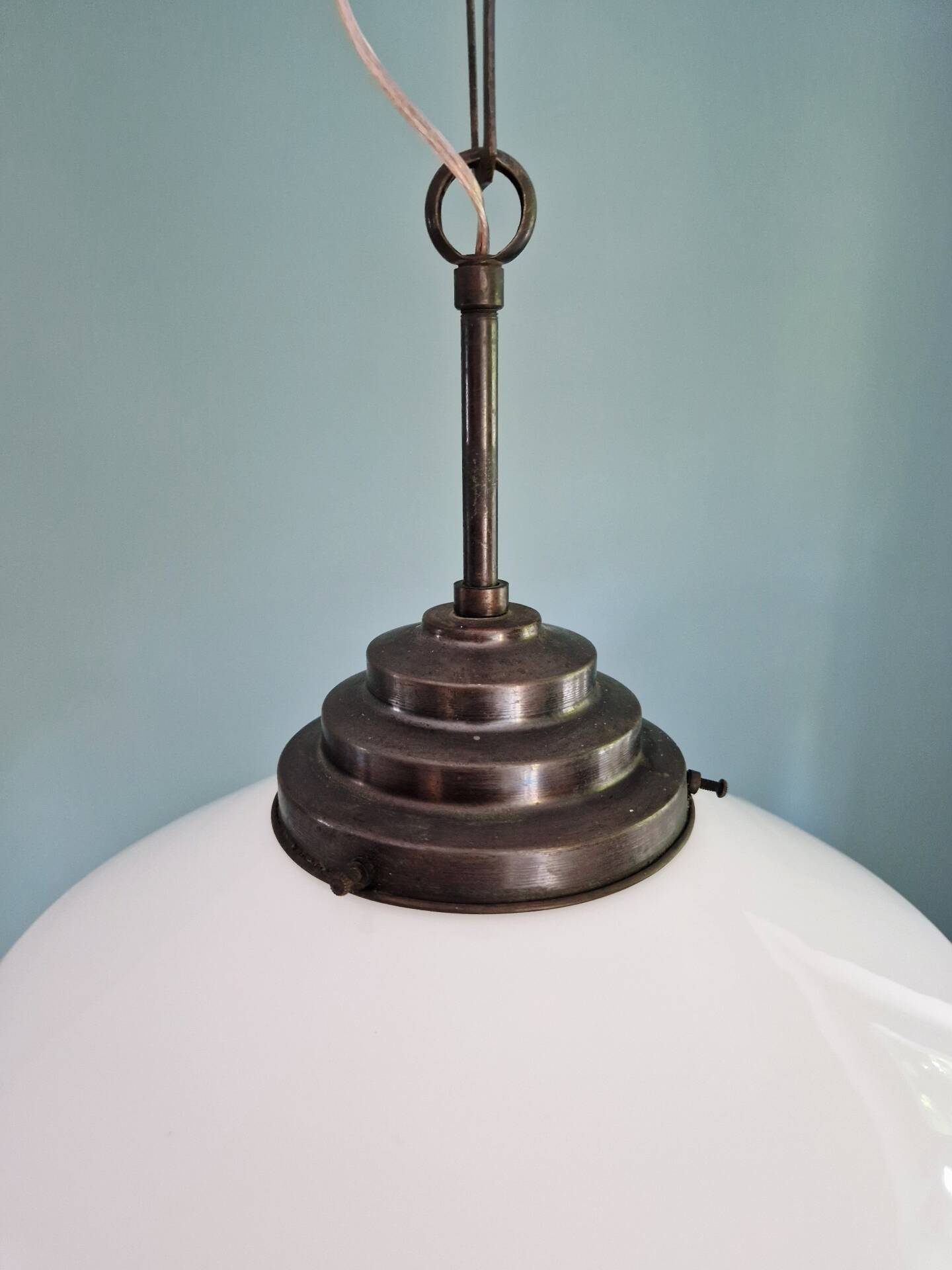 Large Art Deco pendant light in white opaline, 1930.