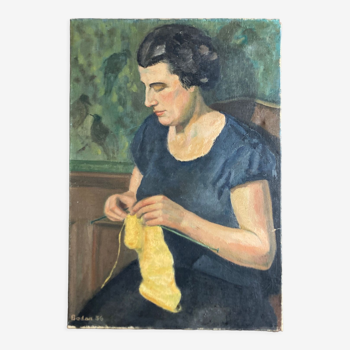 Portrait Woman knitting interior scene oil on canvas 1936