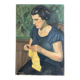 Portrait Woman knitting interior scene oil on canvas 1936