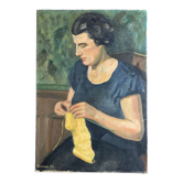 Portrait Femme au tricot scène d'intérieur huile sur toile 1936