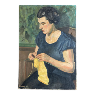 Portrait Femme au tricot scène d'intérieur huile sur toile 1936