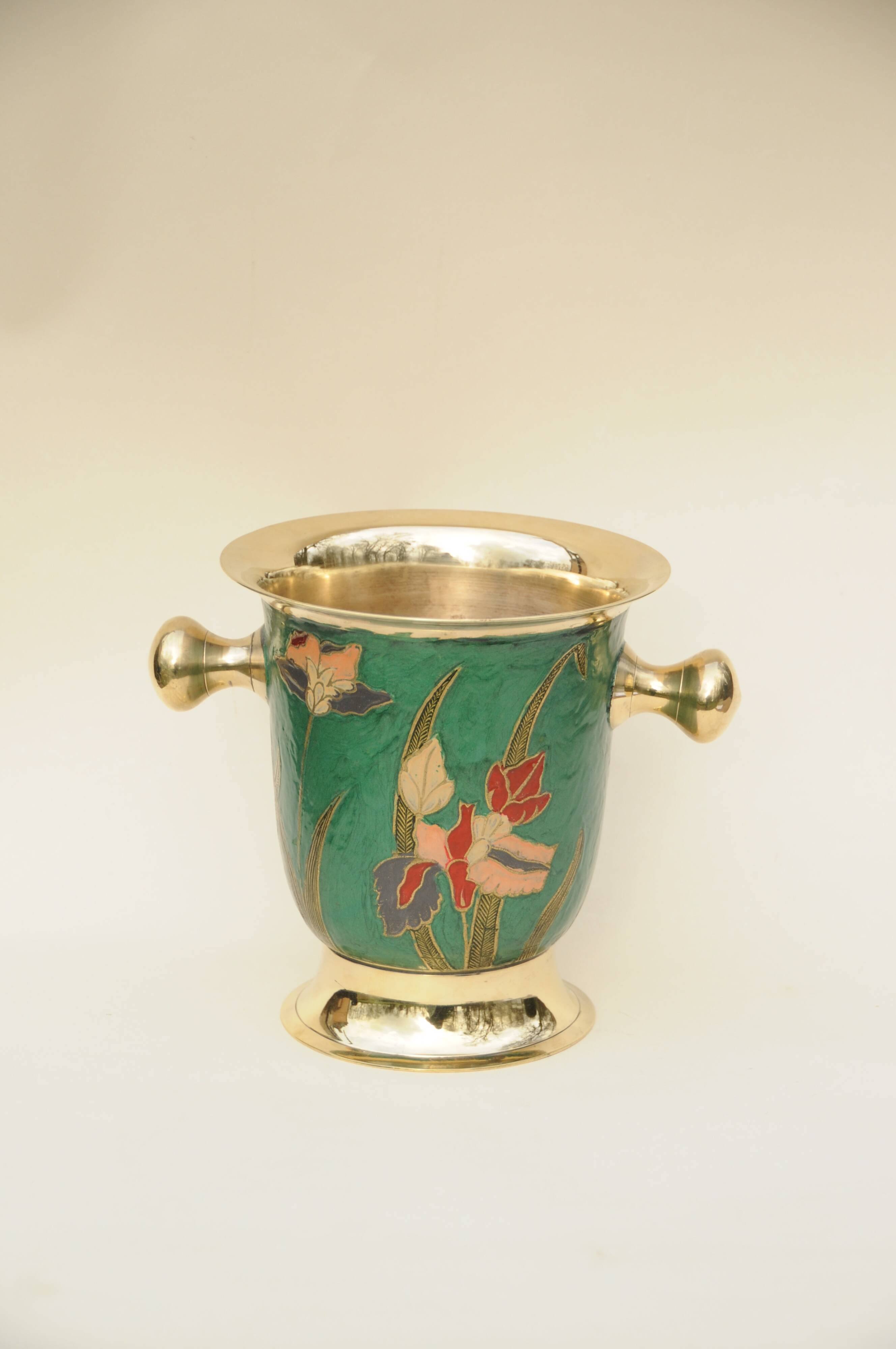 Champagne Bucket / Vintage Ice Bucket in Enamelled Brass with Flower Design
