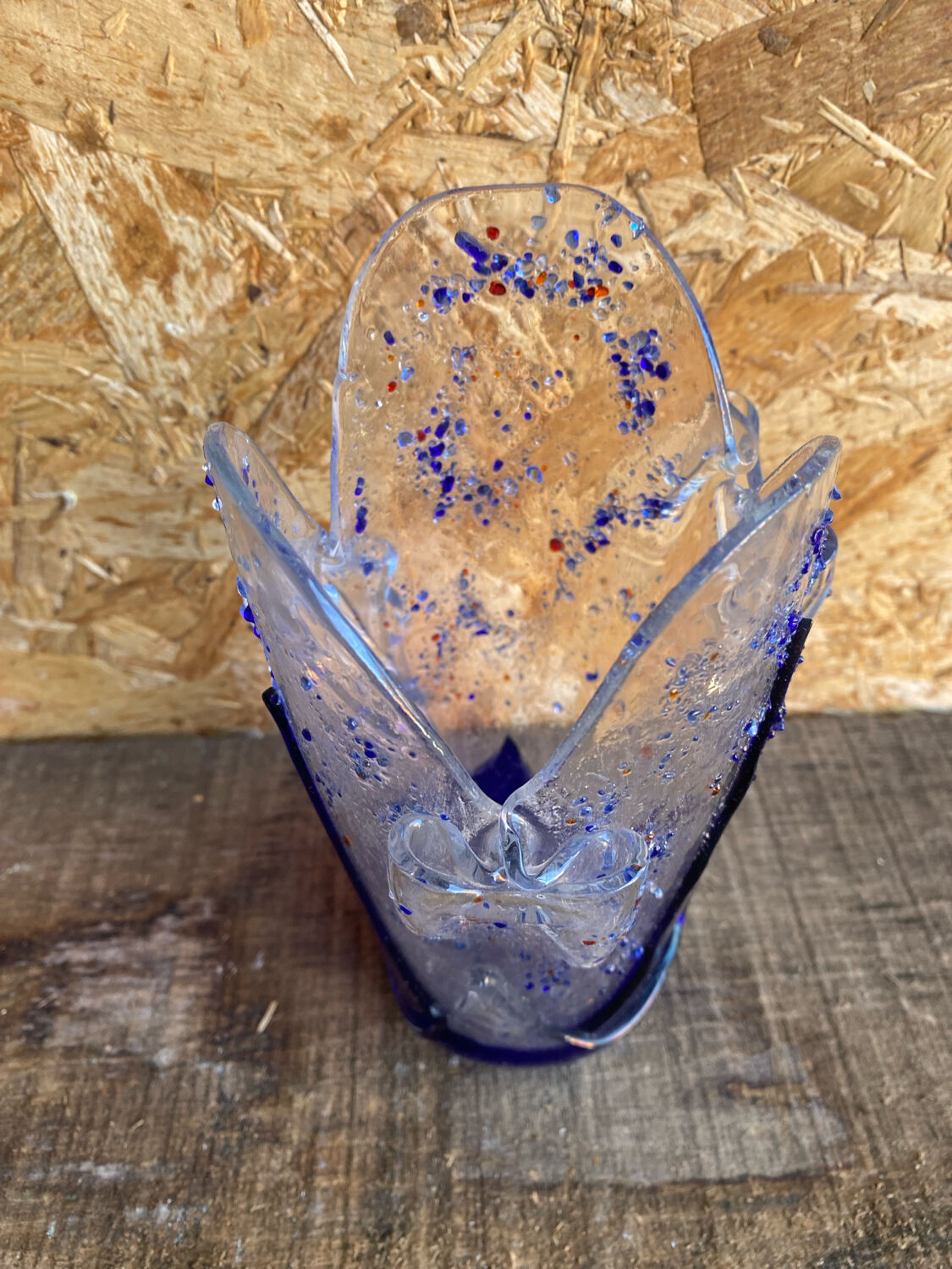 Vintage Blue & Transparent Layered Glass Inlaid Design Vase
