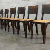 Suite of 6 chairs brutalist style straw and solid oak