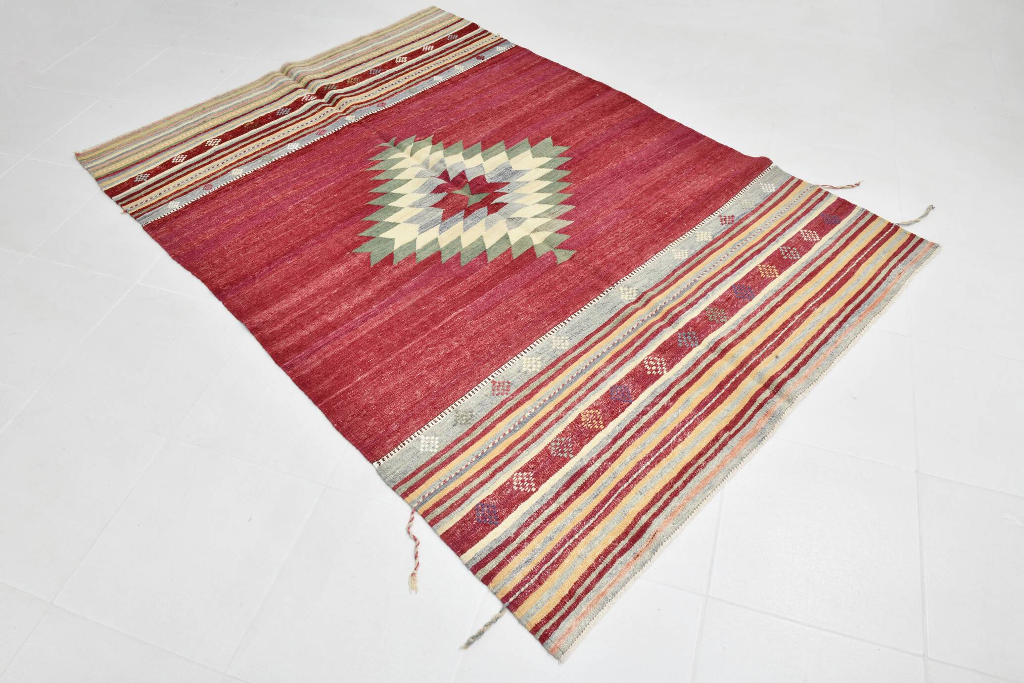 Wine Red & Green Turkish Kilim Rug, 156x224Cm