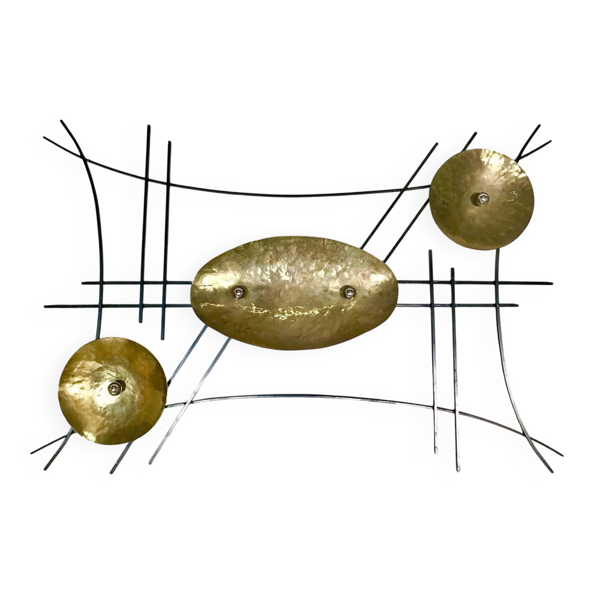 Large sculptural wall relief in wrought iron & brass , GDR / Germany 1950s