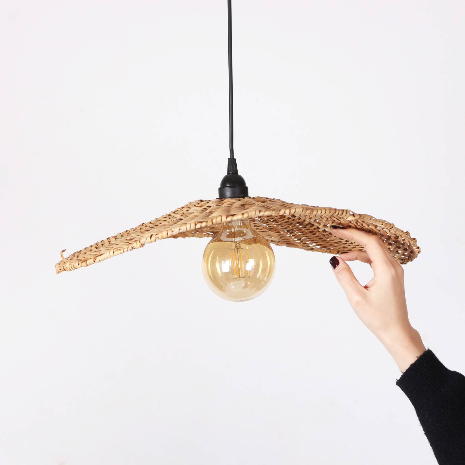 Rattan Pendant Light, 45x8cm Hat Light Fixture, Wicker Rattan Lamp