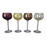 4 colored crystal wine glasses with twisted stems