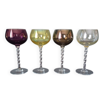 4 colored crystal wine glasses with twisted stems