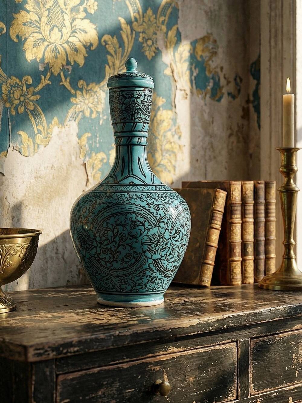 Covered vase or Persian jar, glazed Iznik pottery, vintage turquoise painted.