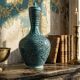 Covered vase or Persian jar, glazed Iznik pottery, vintage turquoise painted.