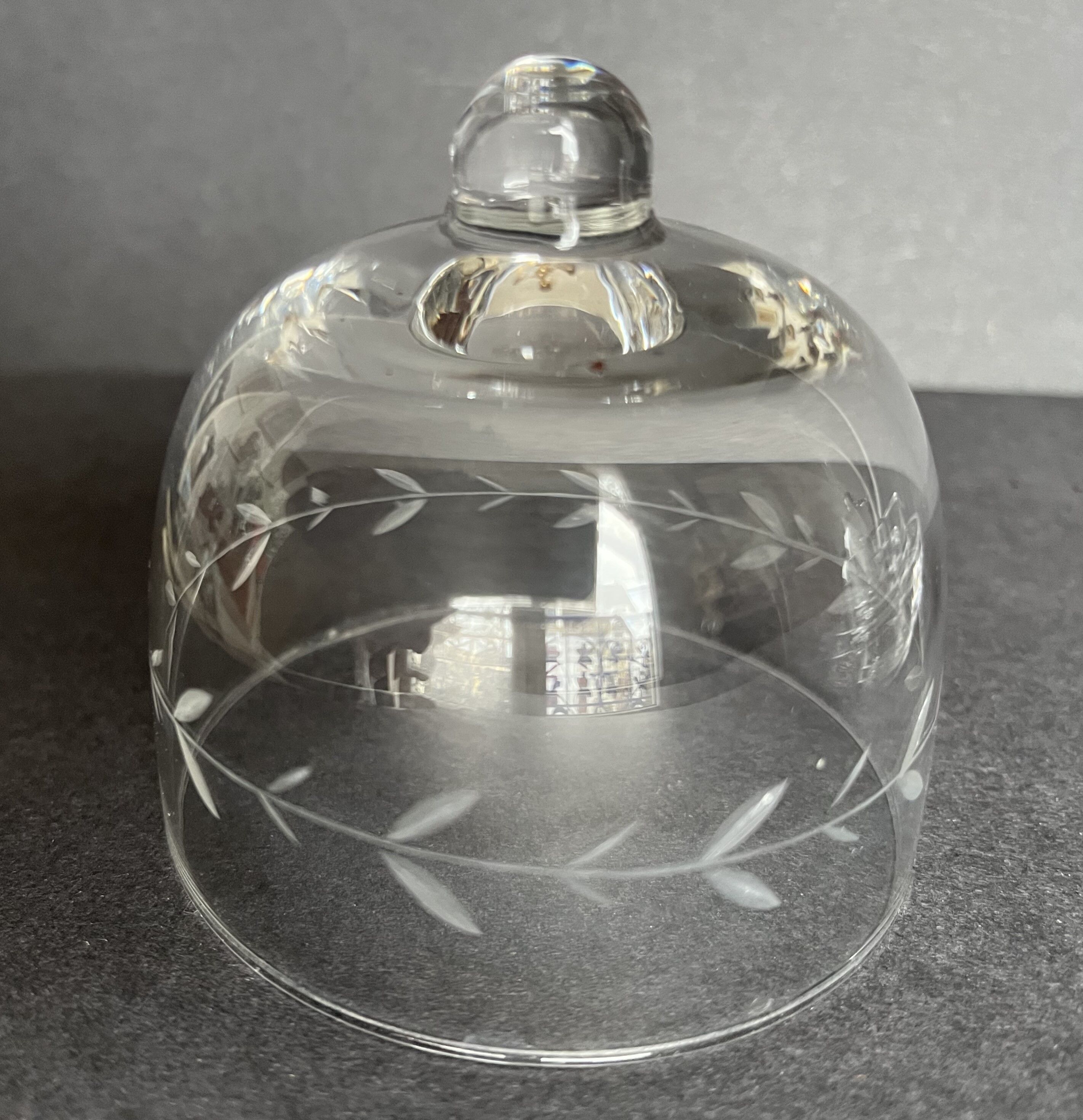 Pair of engraved glass butter dishes