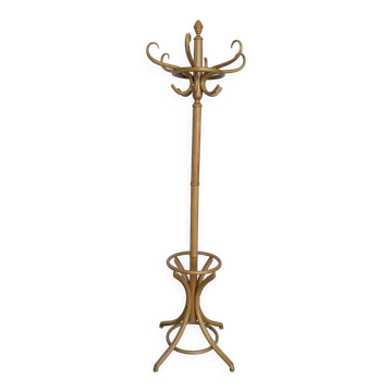 Porte-manteau vintage en bois cintré de style Thonet avec porte-parapluie.