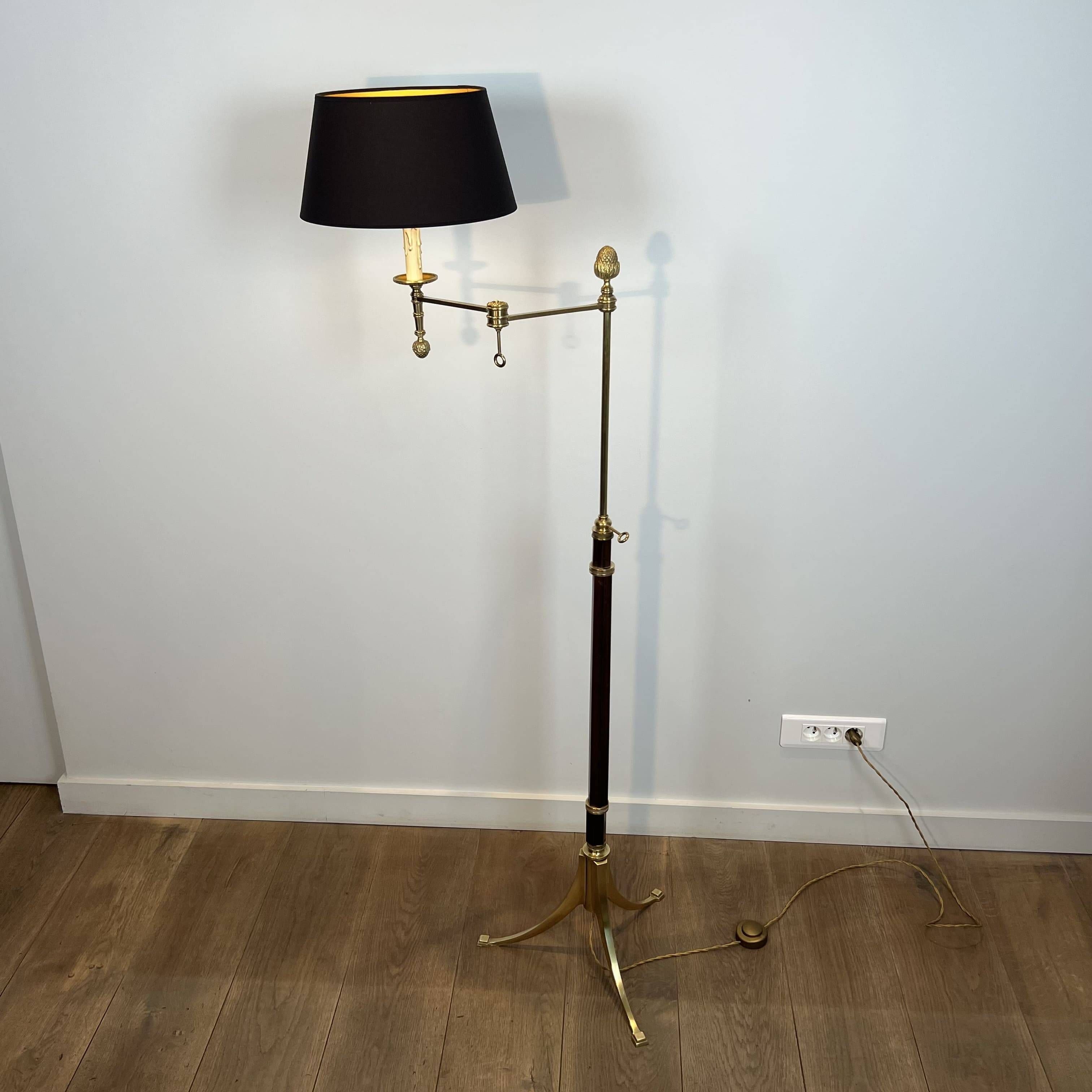 Reading Lamp in Mahogany and Gold Brass with Articulated Arm and Tripod Base