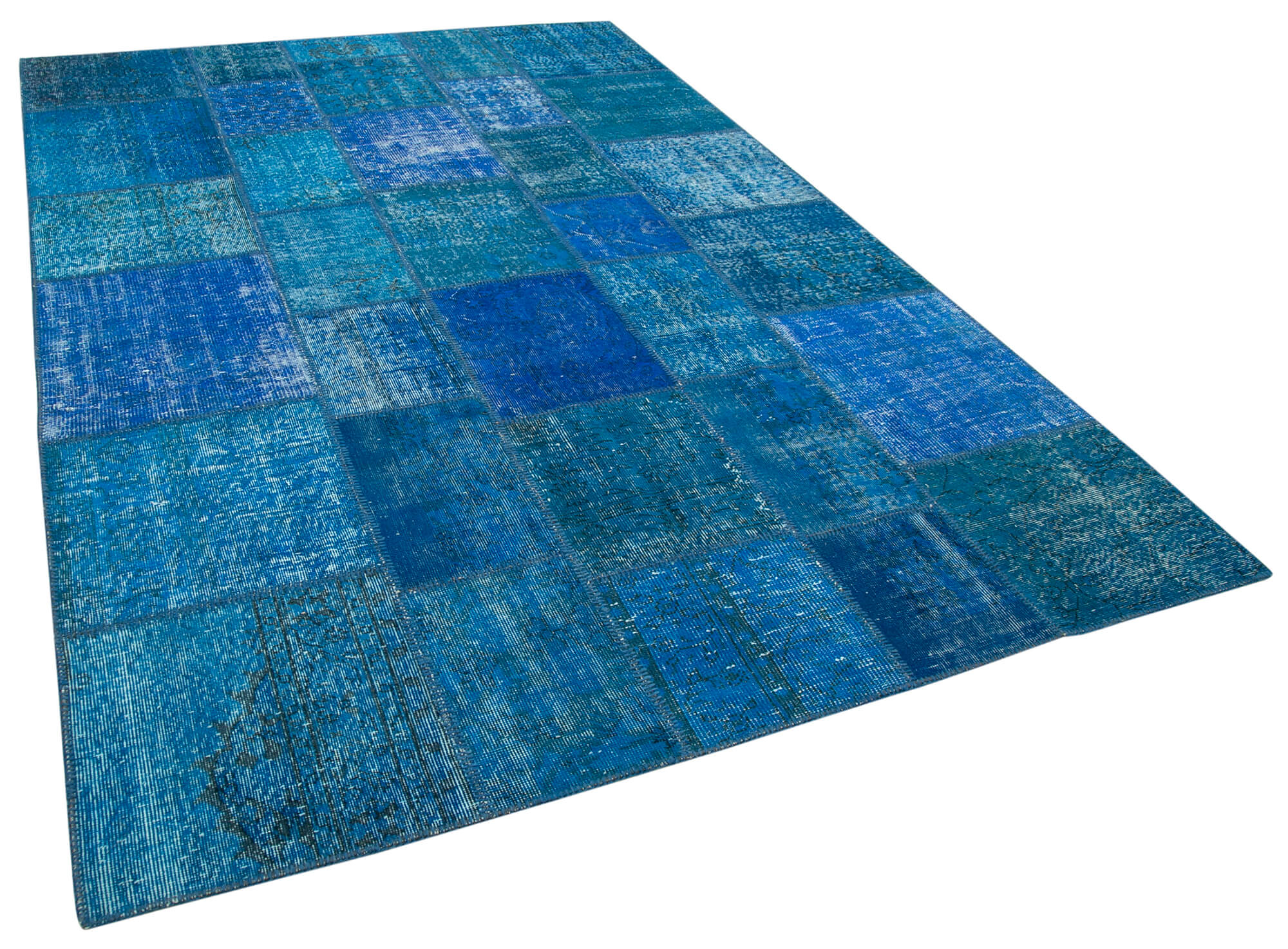 Handmade Anatolian Overdyed 206 cm x 298 cm Blue Patchwork Carpet