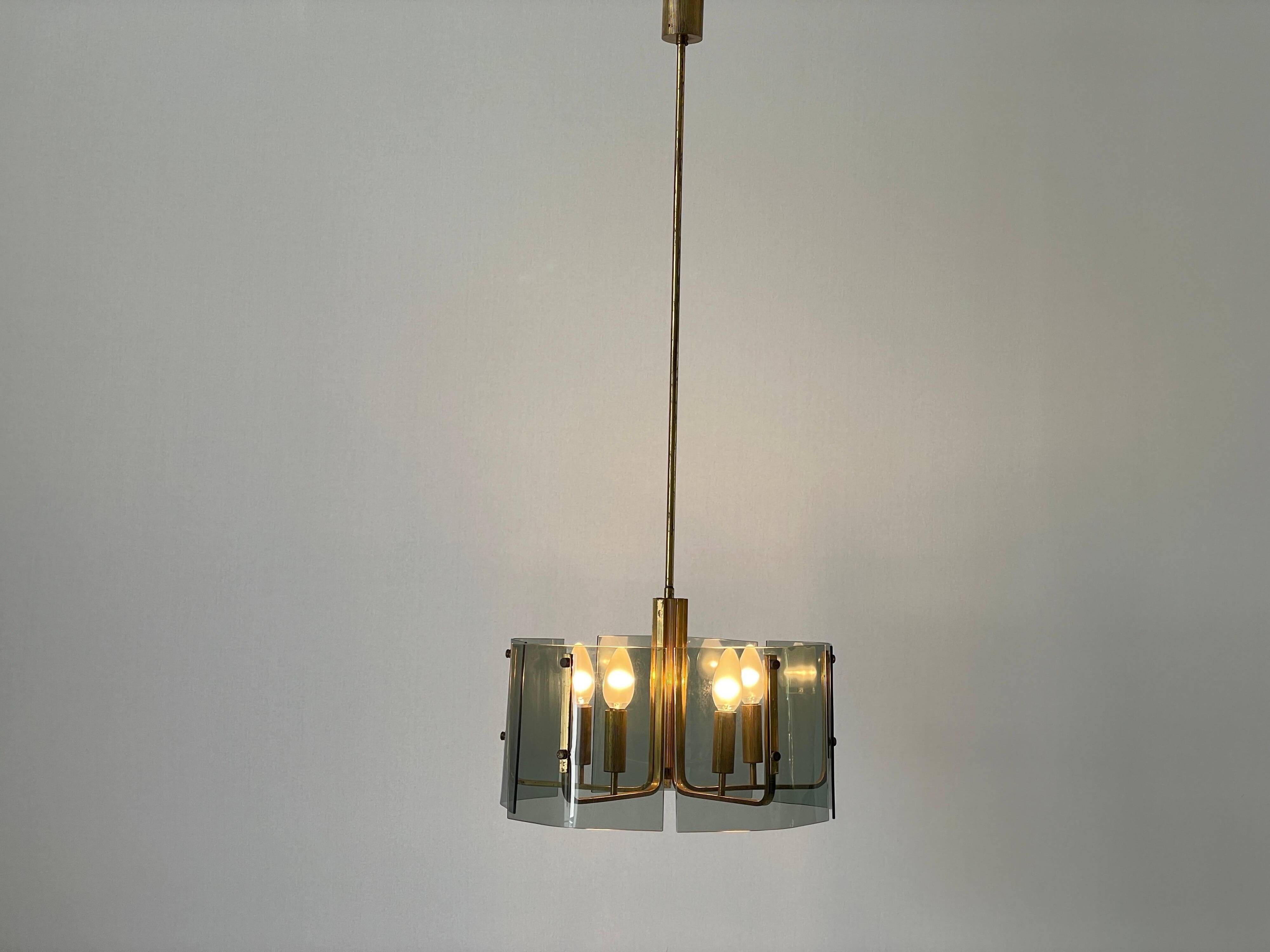 Grey glass chandelier with a brass body, 1960, Italy