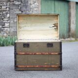 Antique trunk made of burlap and iron, storage suitcase