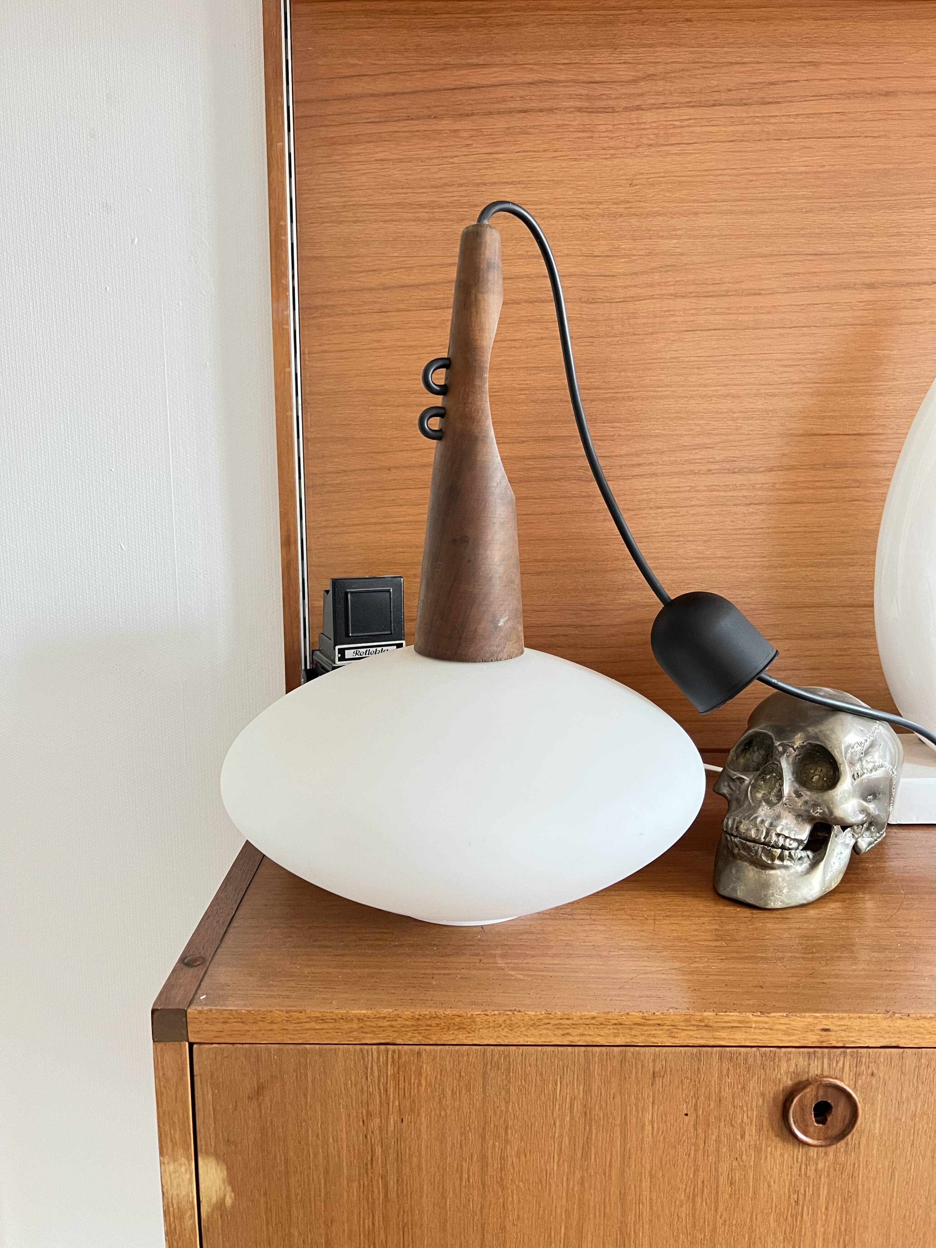 Pendant lamp in teak and opaline glass by Uno and Östen Kristiansson Luxus 50s