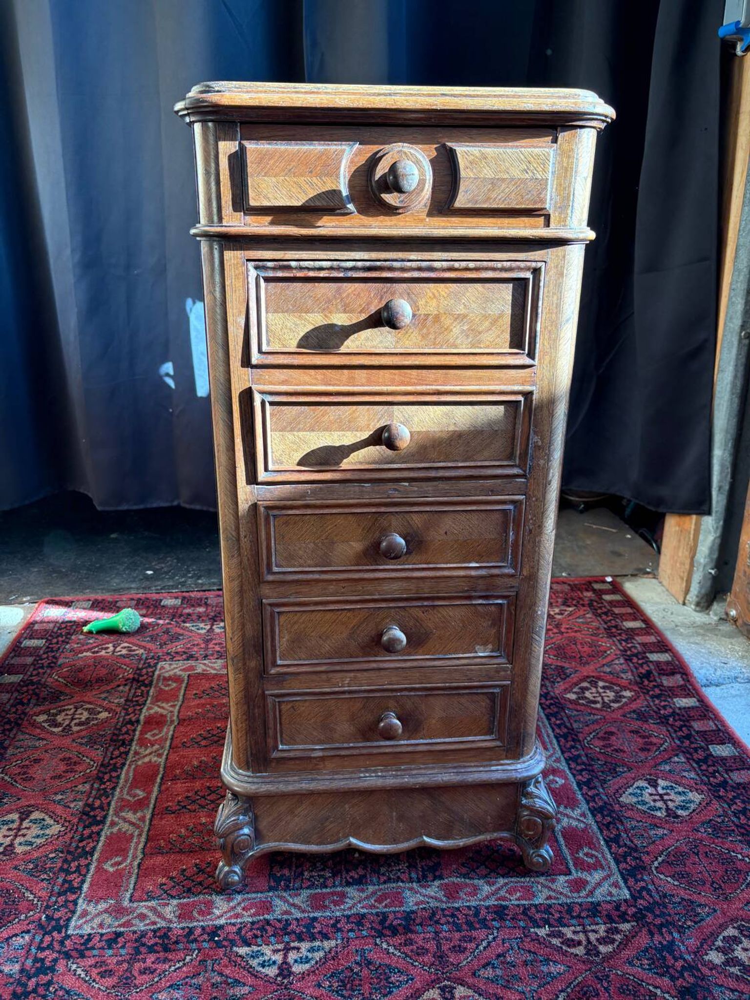 Antique Louis XV style bedside table, marble niche, marquetry, late 19th century