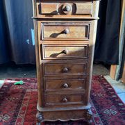 Antique Louis XV style bedside table, marble niche, marquetry, late 19th century