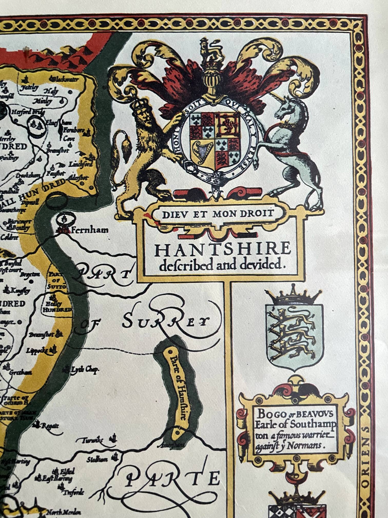 Hantshire Described and Devided, Reproduction of Map of County Hampshire by John Speed (1552-1629)