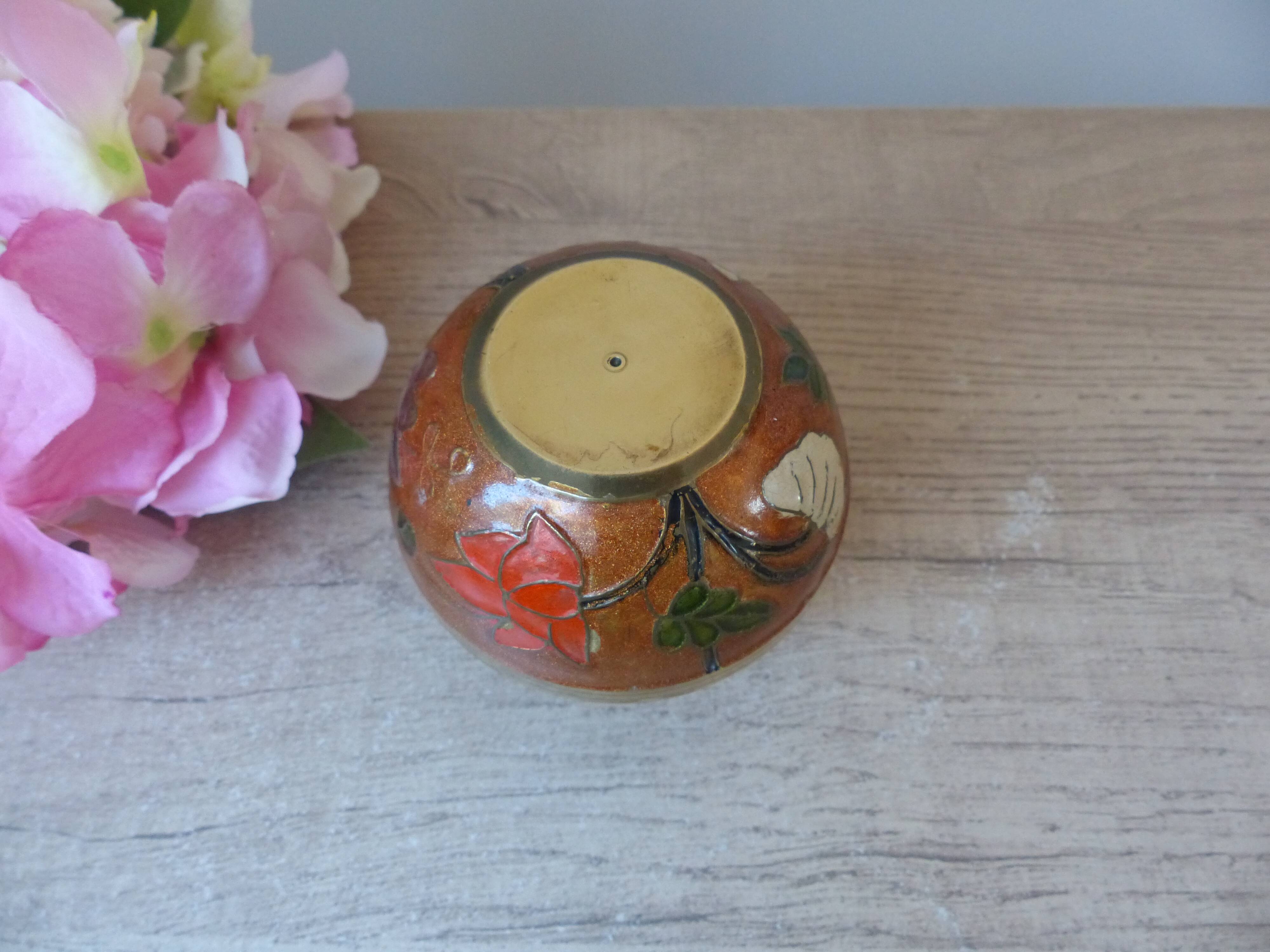 Old small brass and enamel vase with floral decoration, Small artisanal brass pot