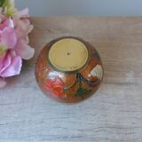 Old small brass and enamel vase with floral decoration, Small artisanal brass pot