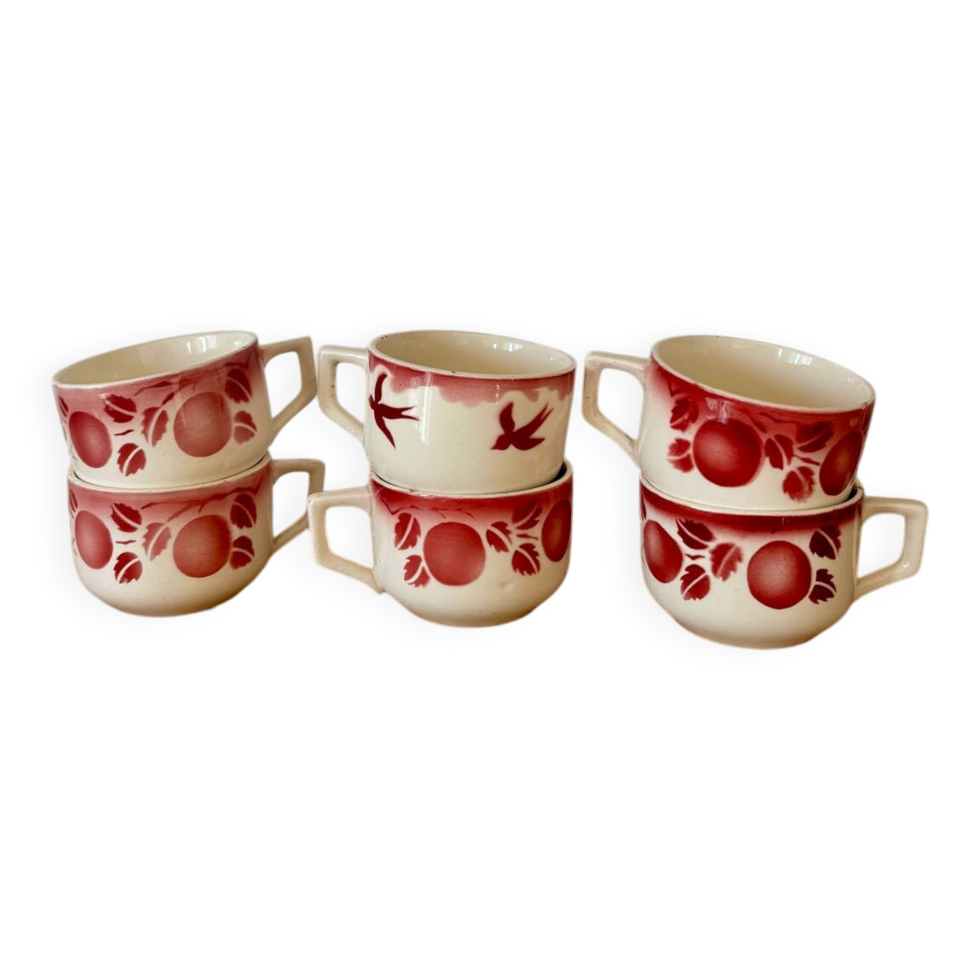 Set of 6 antique cups with fruits and birds from Badonviller.