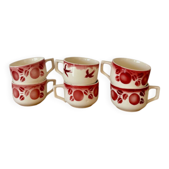 Set of 6 antique cups with fruits and birds from Badonviller.