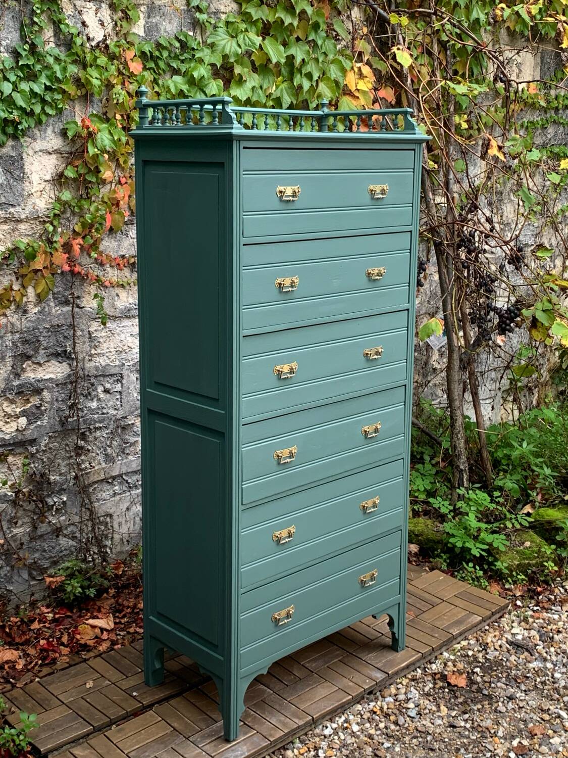 Old grey green high chest of drawers H160