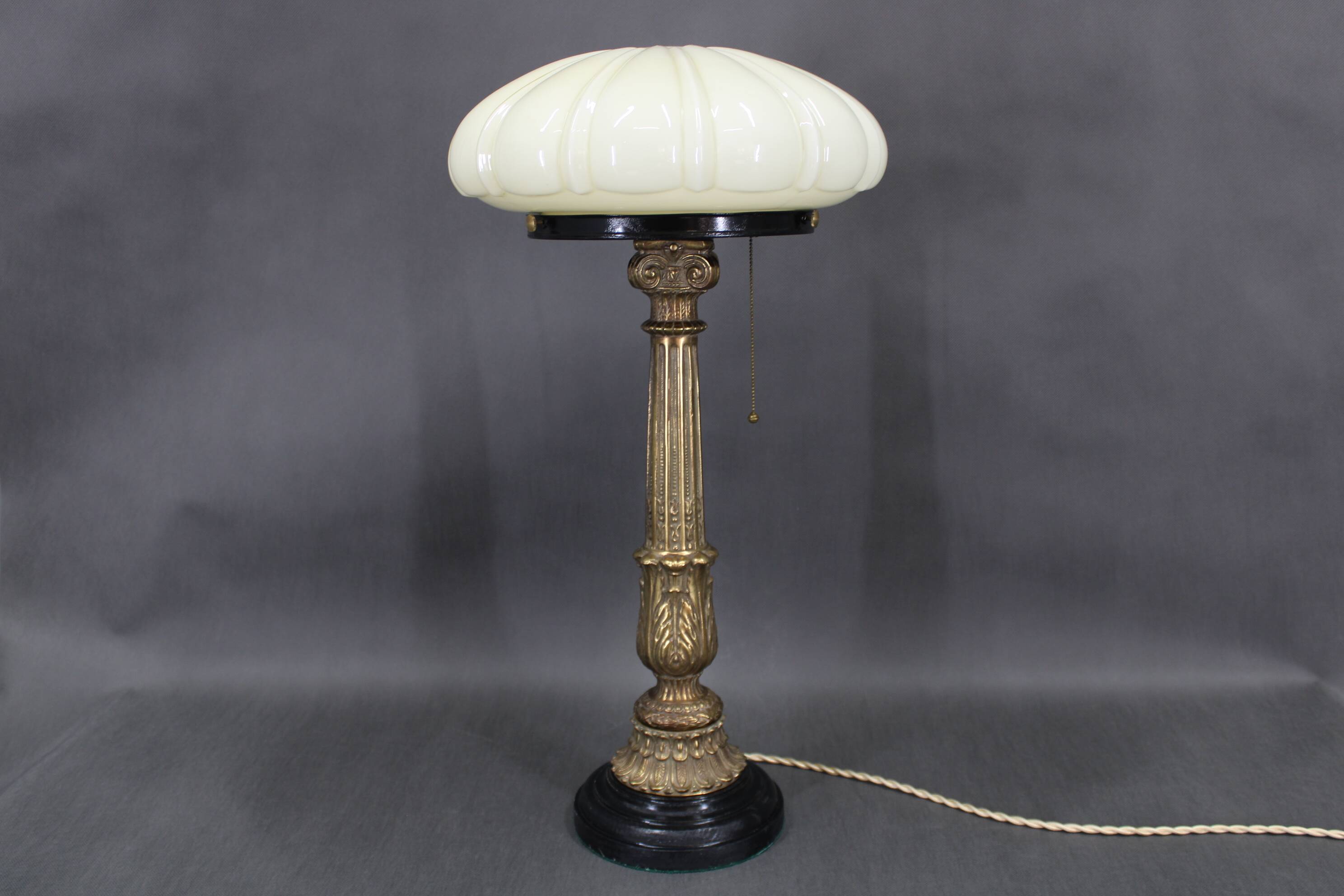 1940s Restored Brass Table Lamp with Wooden Base and Glass Shade