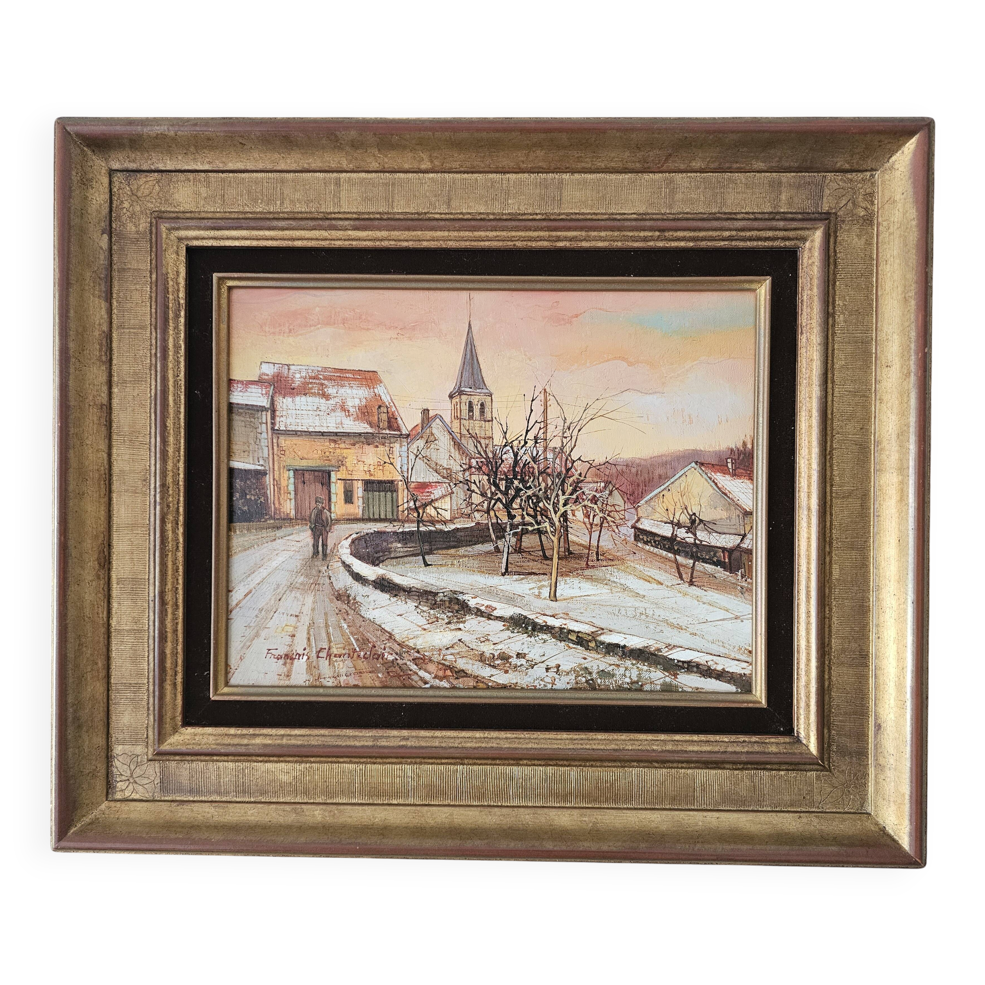 Oil Painting Landscape of a Snowy Village by Francois Chanteclair