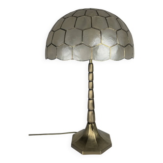 Large Hollywood regency midcentury Capiz and brass table lamp, 1960s