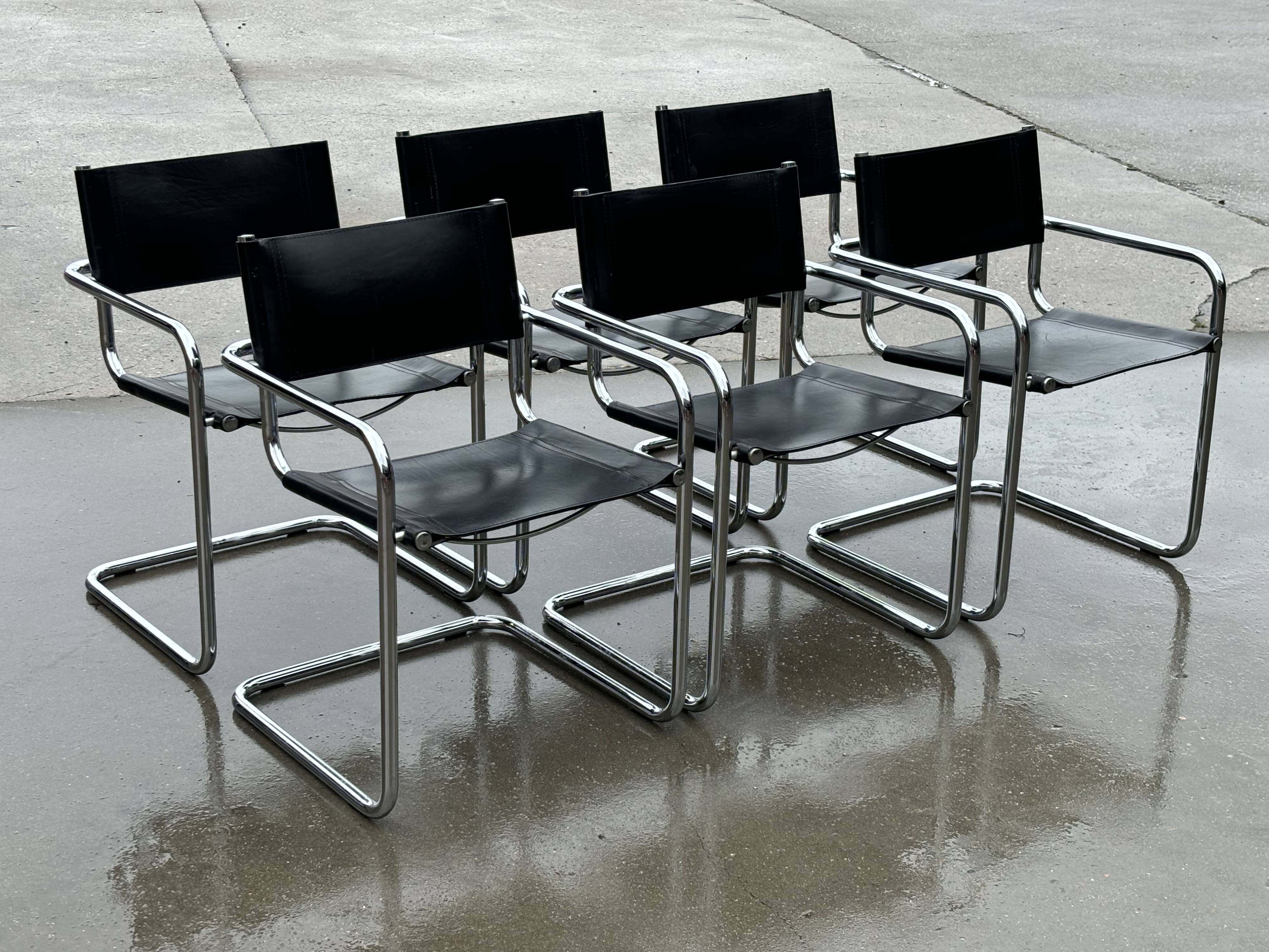 Ensemble vintage de 6 chaises à structure tubulaire Mart Stam design cuir