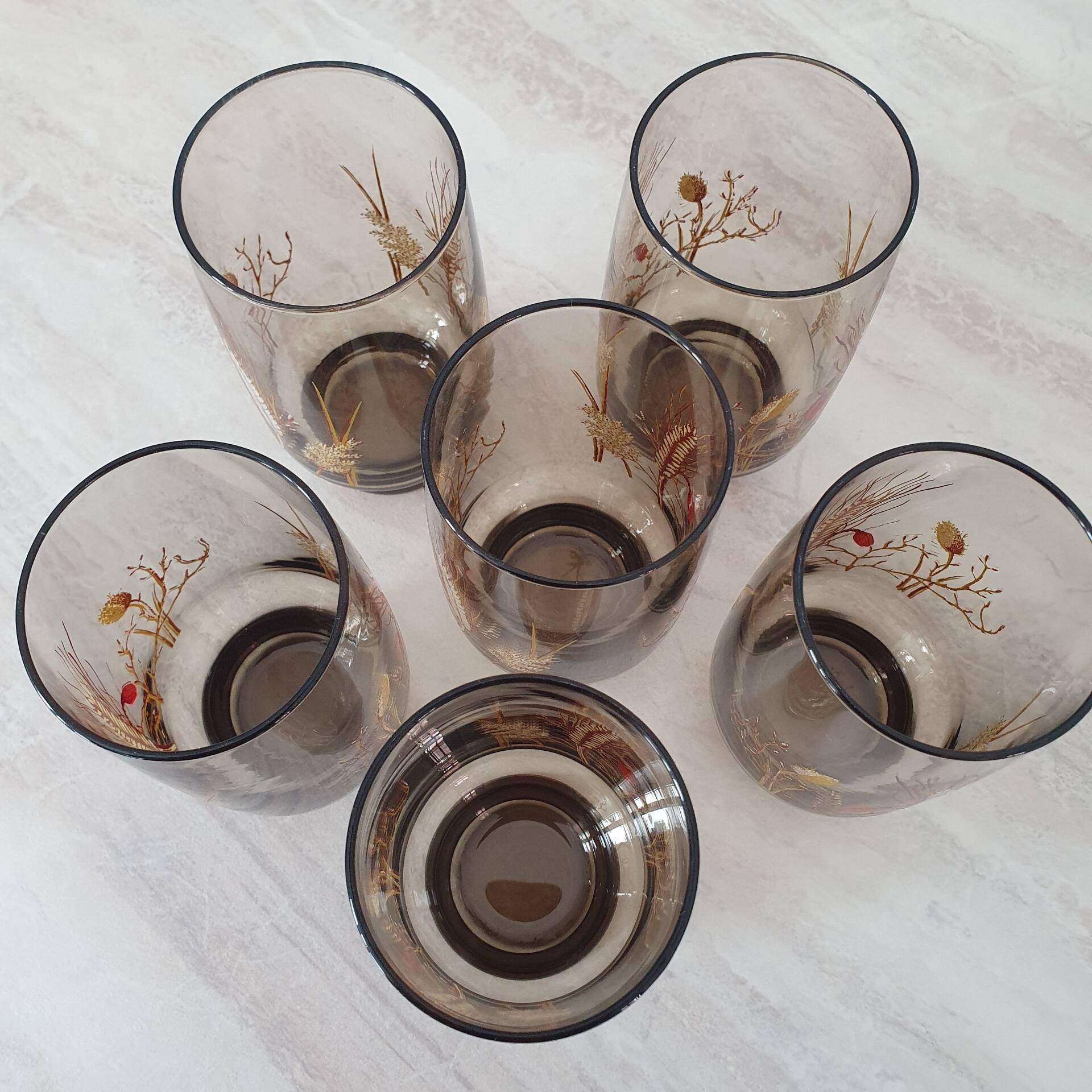 6 large smoked brown glasses