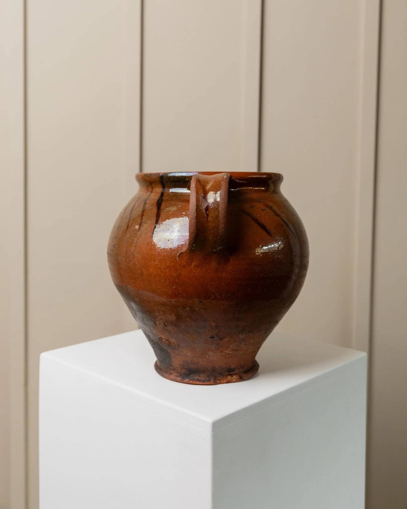 Antique rustic brown terracotta ceramic confit pot with twin handles, 19th-century Italy, farmhouse vase decor