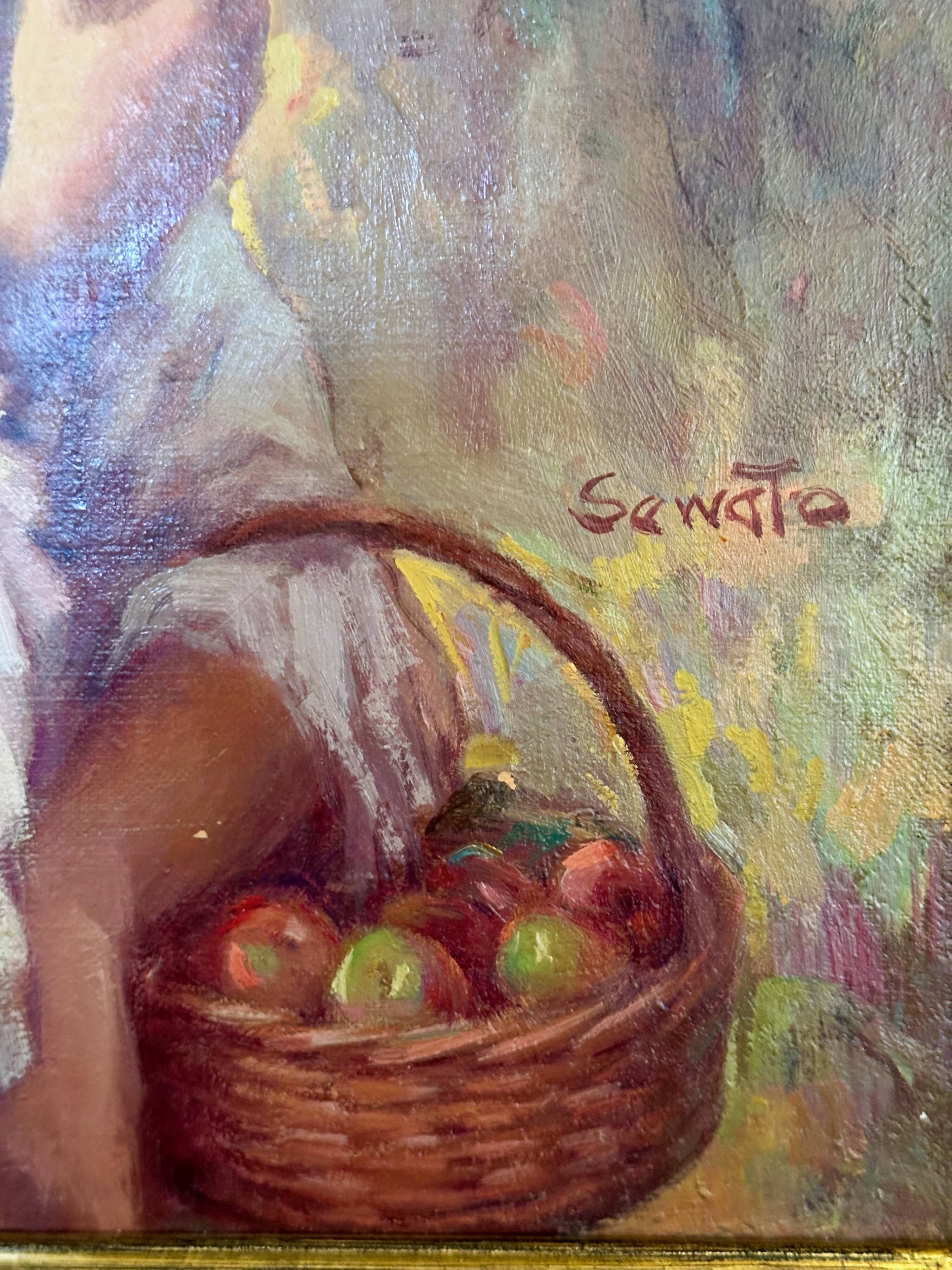 Oil on canvas signed ruggero serrato "young girl with apples"