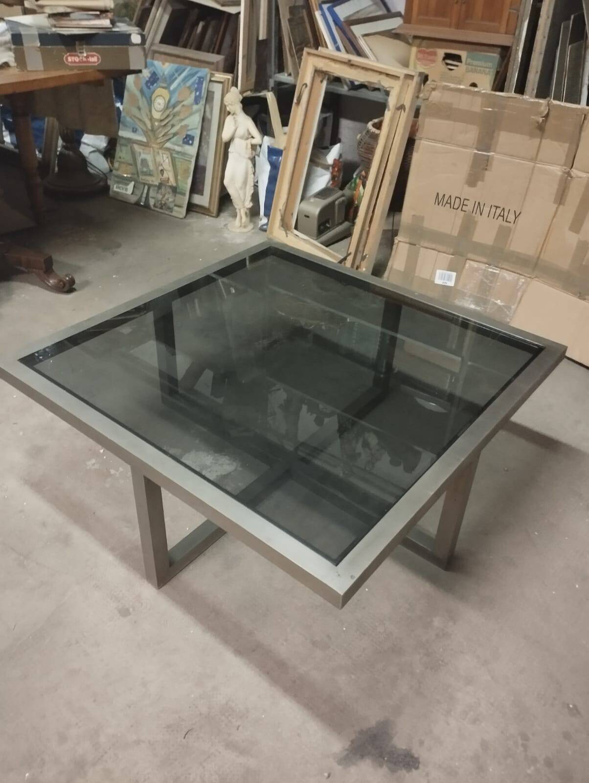Table in satin aluminum and black glass, 70s design