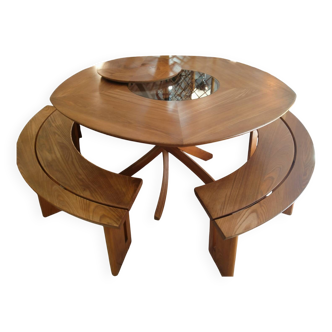 Set of 1 table + 2 benches by Pierre Chapo for Seltz