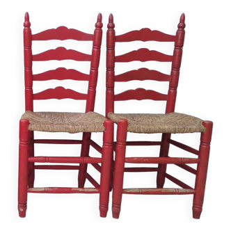 2 chaises paillées rouges vintage