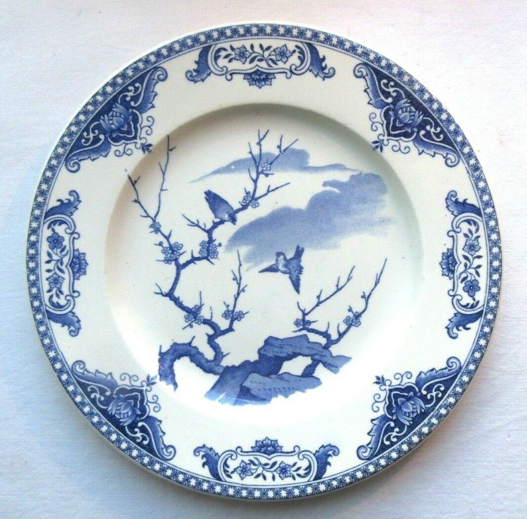 Gien art nouveau plate, blue décor, rooster, chicken and chicks