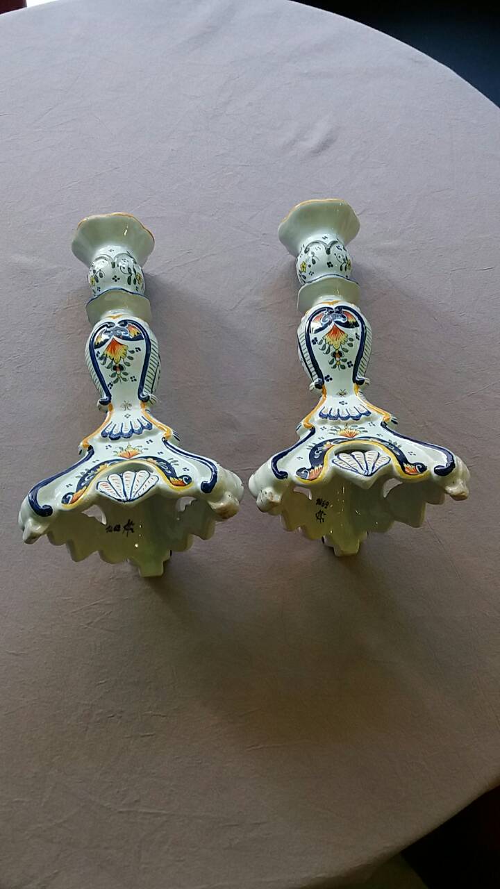 Old pair of candlesticks, earthenware, décor Rouen