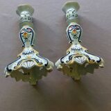 Old pair of candlesticks, earthenware, décor Rouen