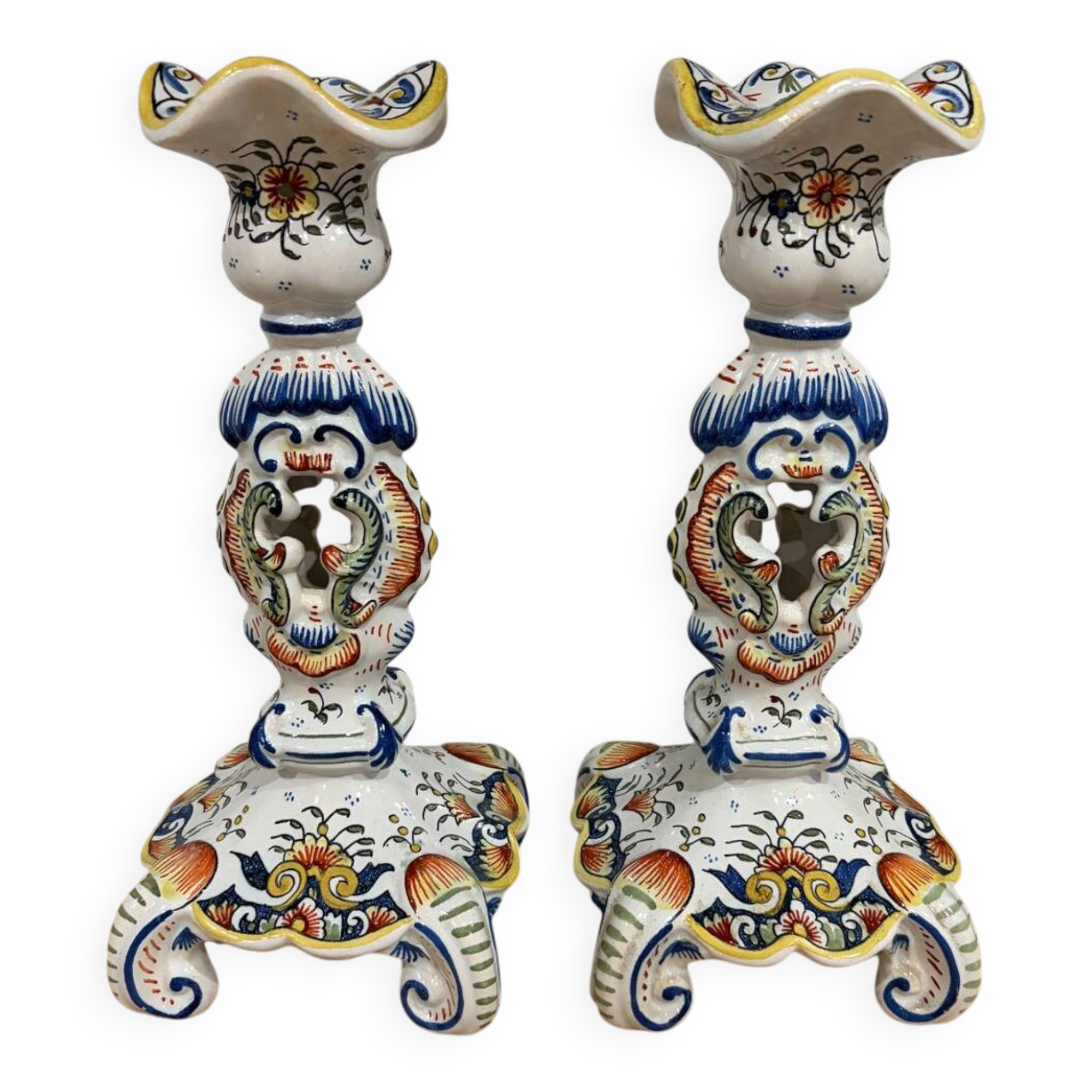 Set of two old Rouen candlesticks.